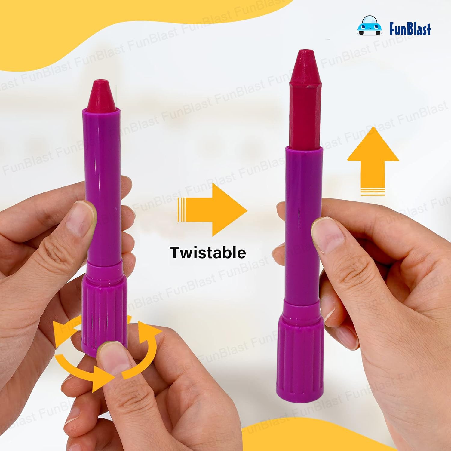 Purple twistable marker with hands demonstrating its design on a white background
