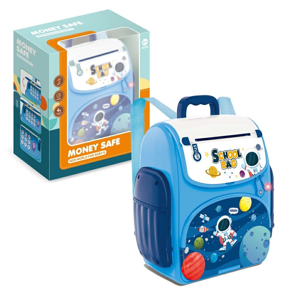 Blue school bag with space-themed design next to its packaging on a white background