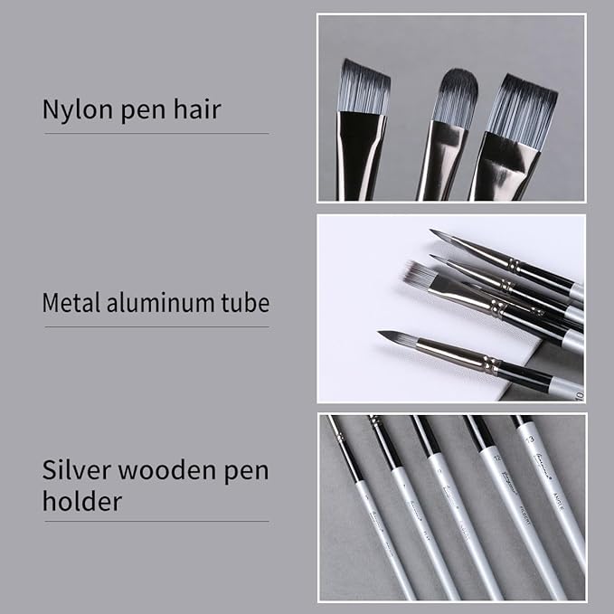 Set of paintbrushes with details on nylon pen hair, metal aluminum tube, and silver wooden pen holder.