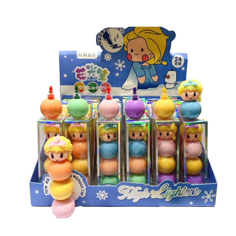Display of colorful high-lighter markers with cartoon character packaging on a white background