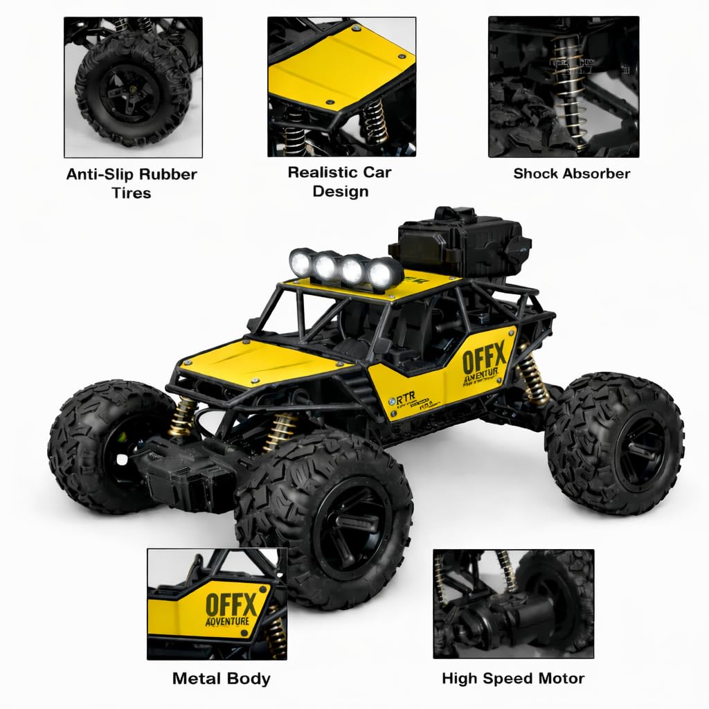 Yellow and black toy off-road vehicle with features highlighted on a white background