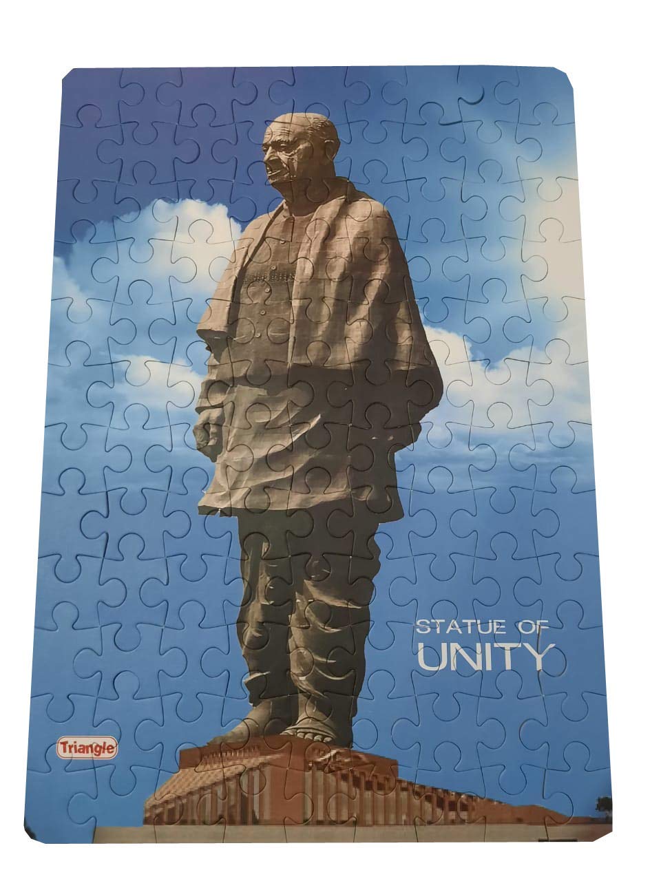 Jigsaw puzzle with Statue of Unity design on a blue sky background