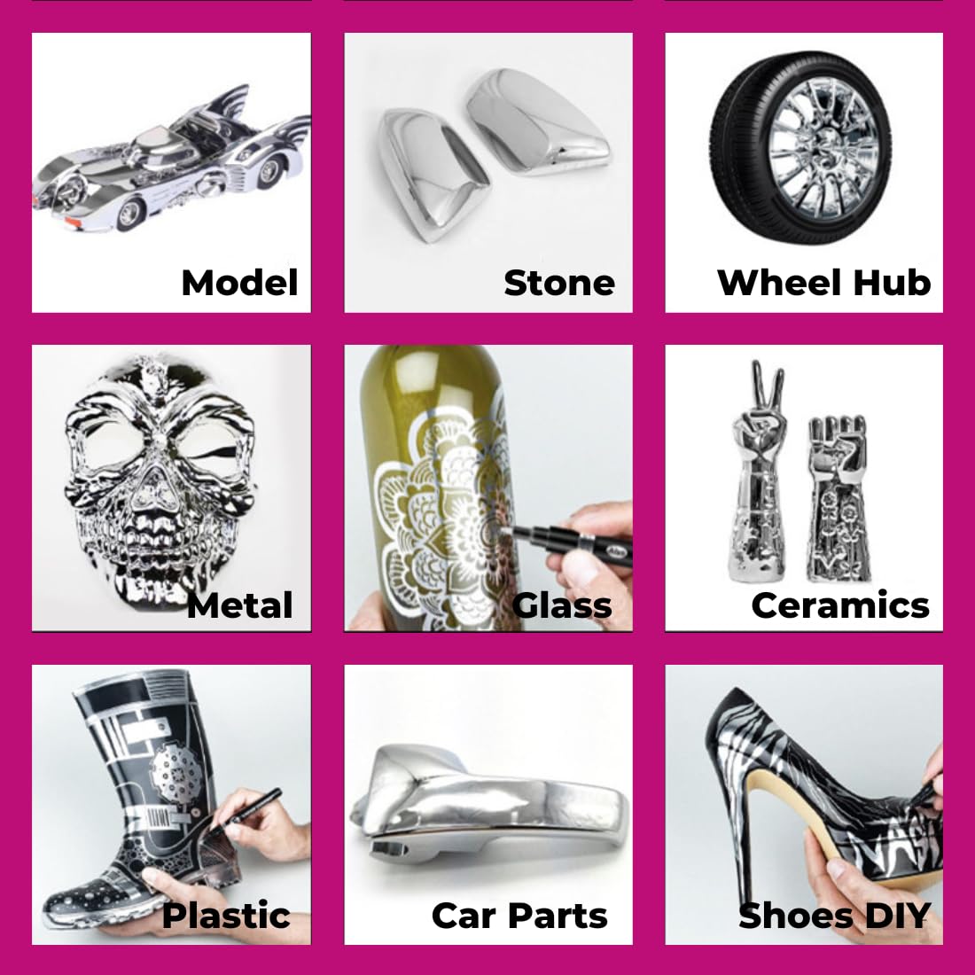 Collage of various items with labels on a purple background