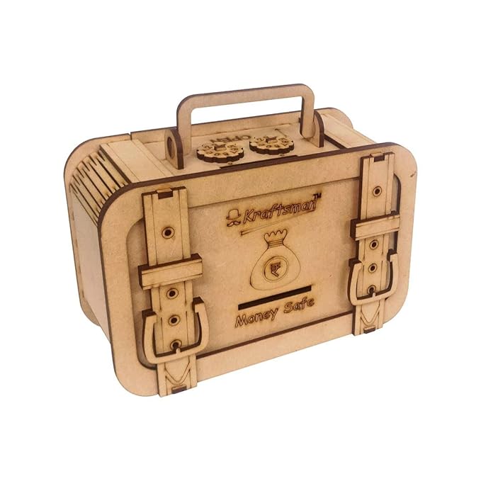 Wooden model of a safe box with a handle on a white background