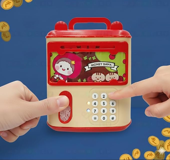Toy money bank with digital keypad on a blue background