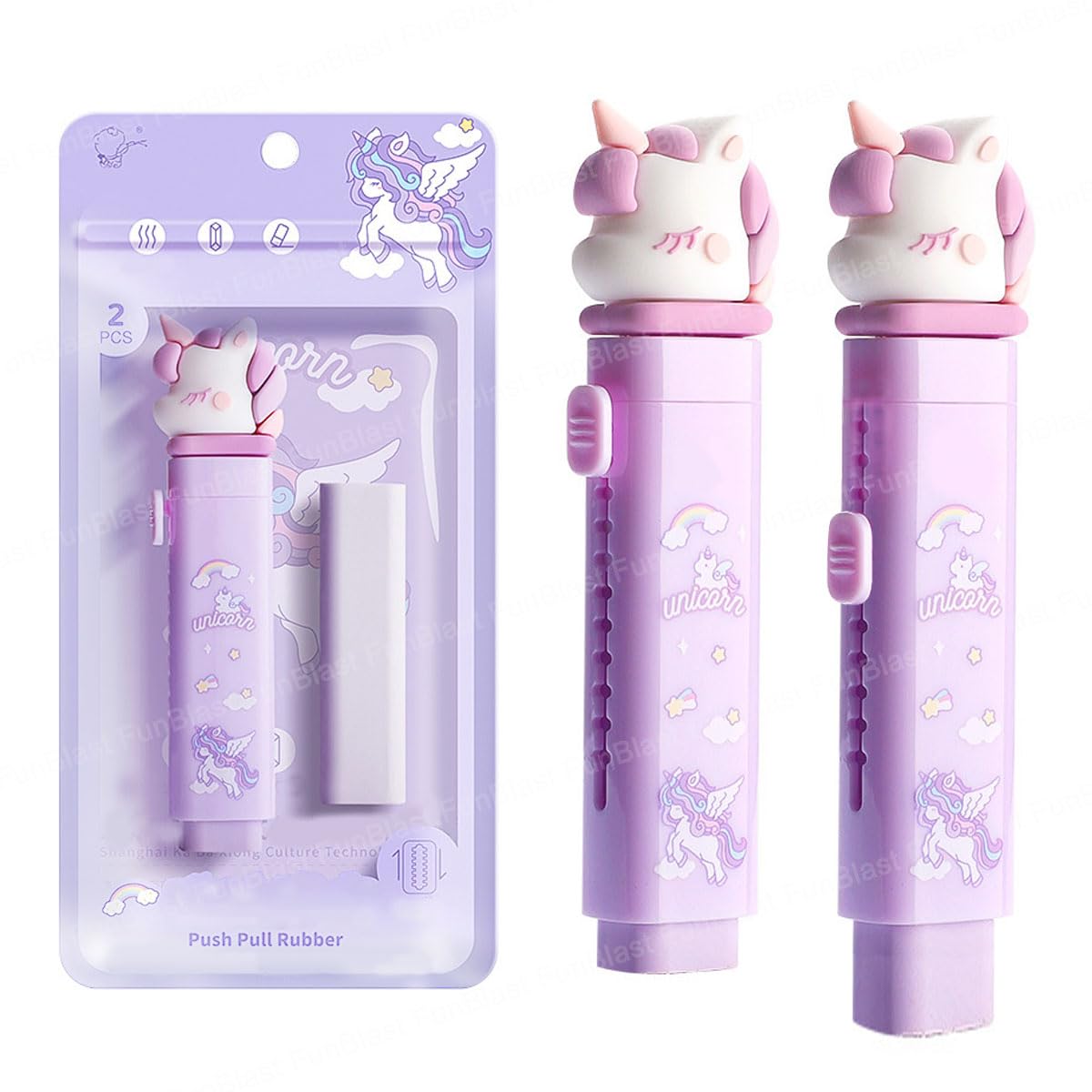 Two purple unicorn-shaped push pull rubber with packaging on a white background