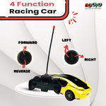 Yellow and black remote control car with 4 function directions on a white background