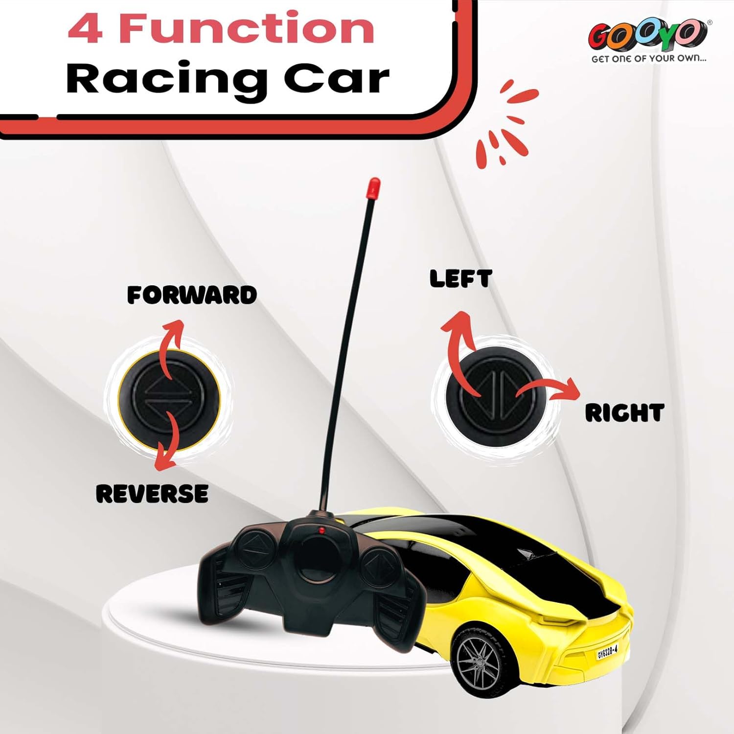 Yellow and black remote control car with 4 function directions on a white background