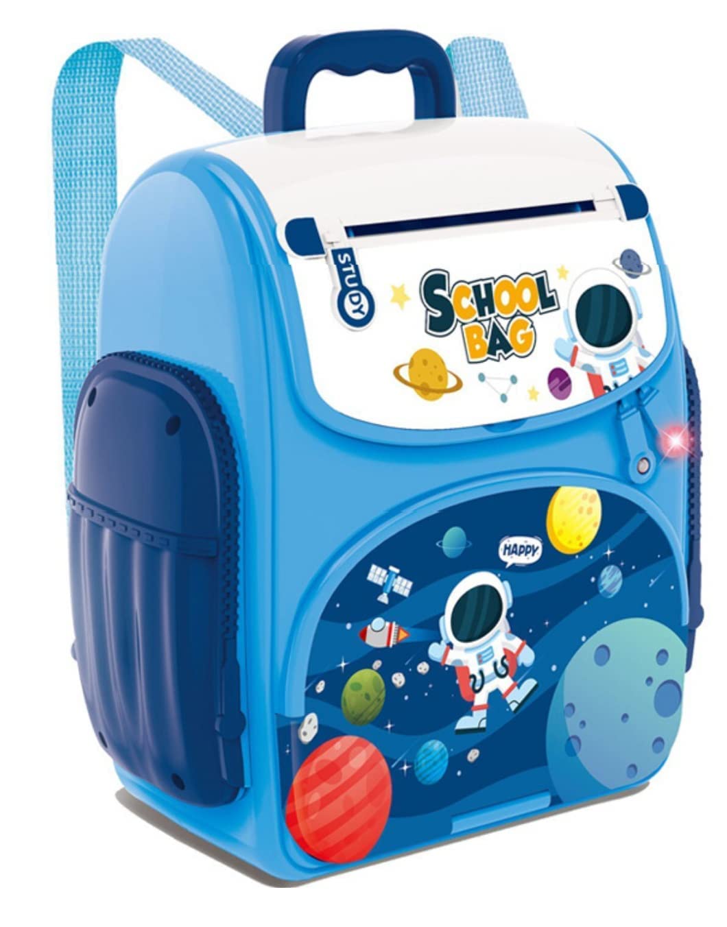 Blue children's school bag with space-themed design on a white background