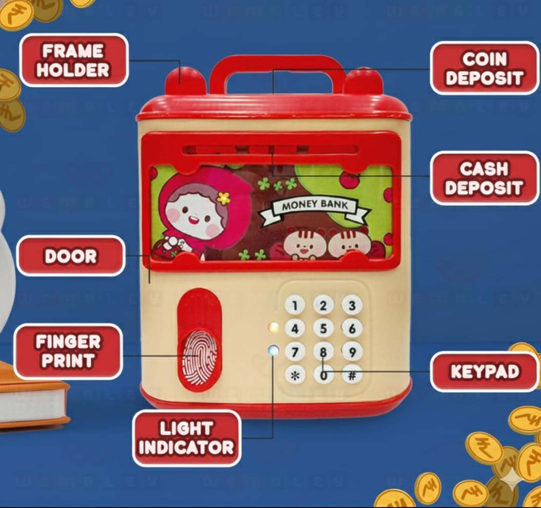 Children's toy money bank with various features labeled on a blue background