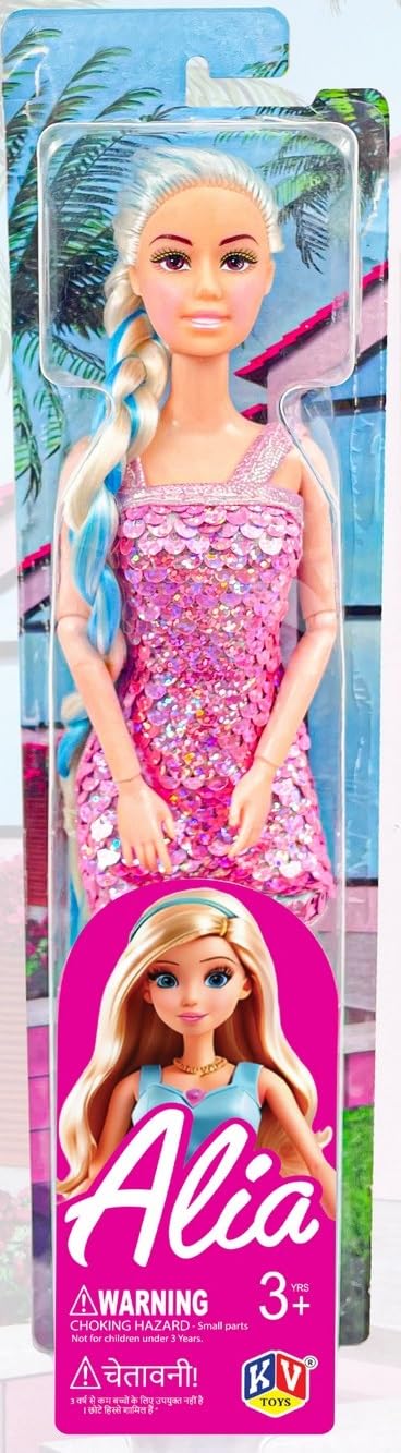 Barbie doll in a pink dress with packaging featuring the name 'Alia'.
