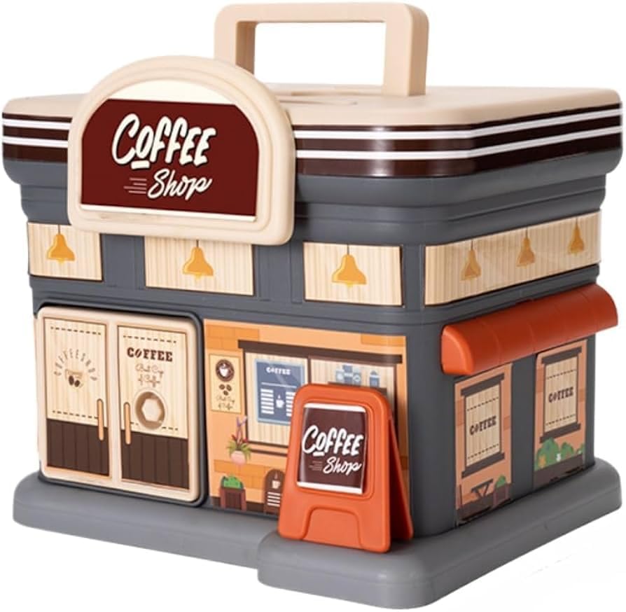 Toy coffee shop set with detailed facade and accessories on a white background