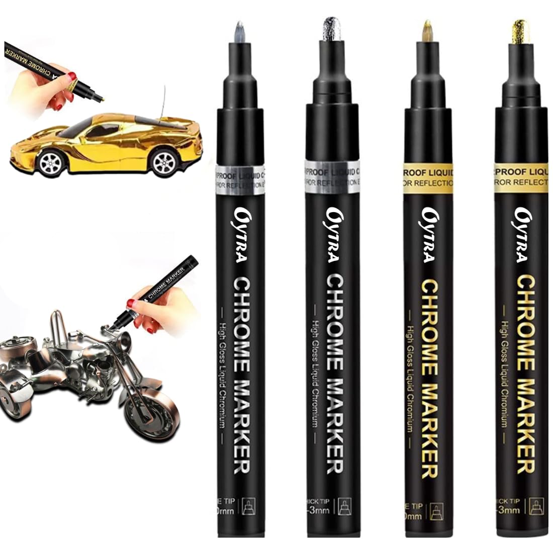 Four Oryra Chrome Marker pens with close-up images of hands using them on a car and motorcycle.