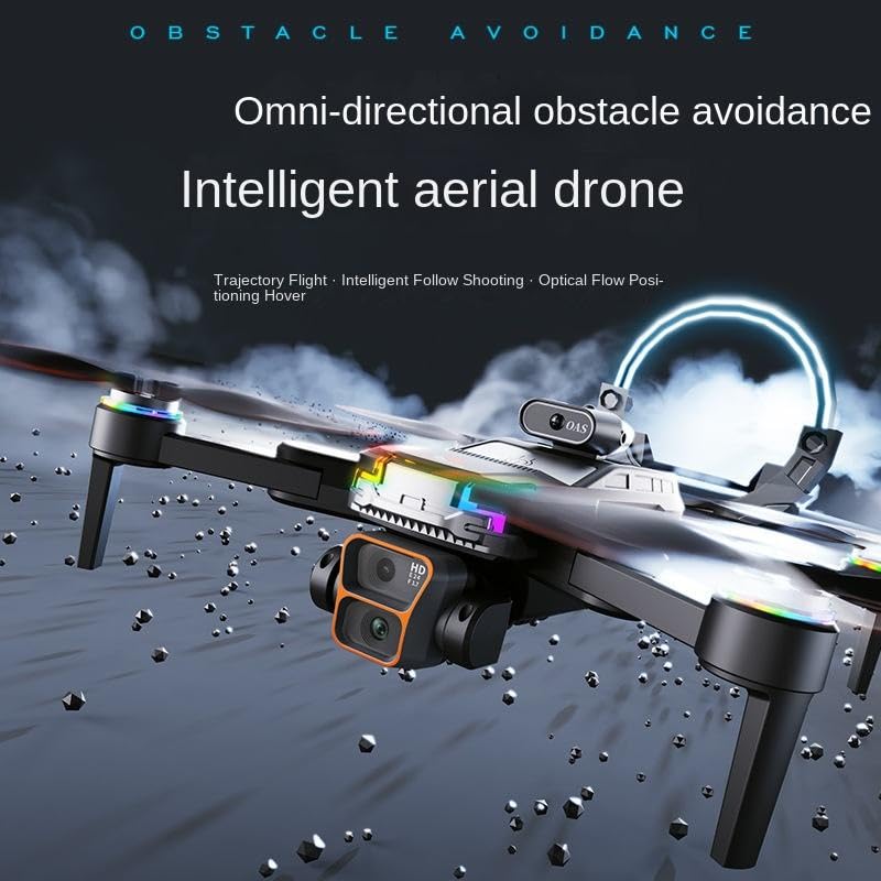 Intelligent aerial drone with obstacle avoidance technology in a dark background setting.