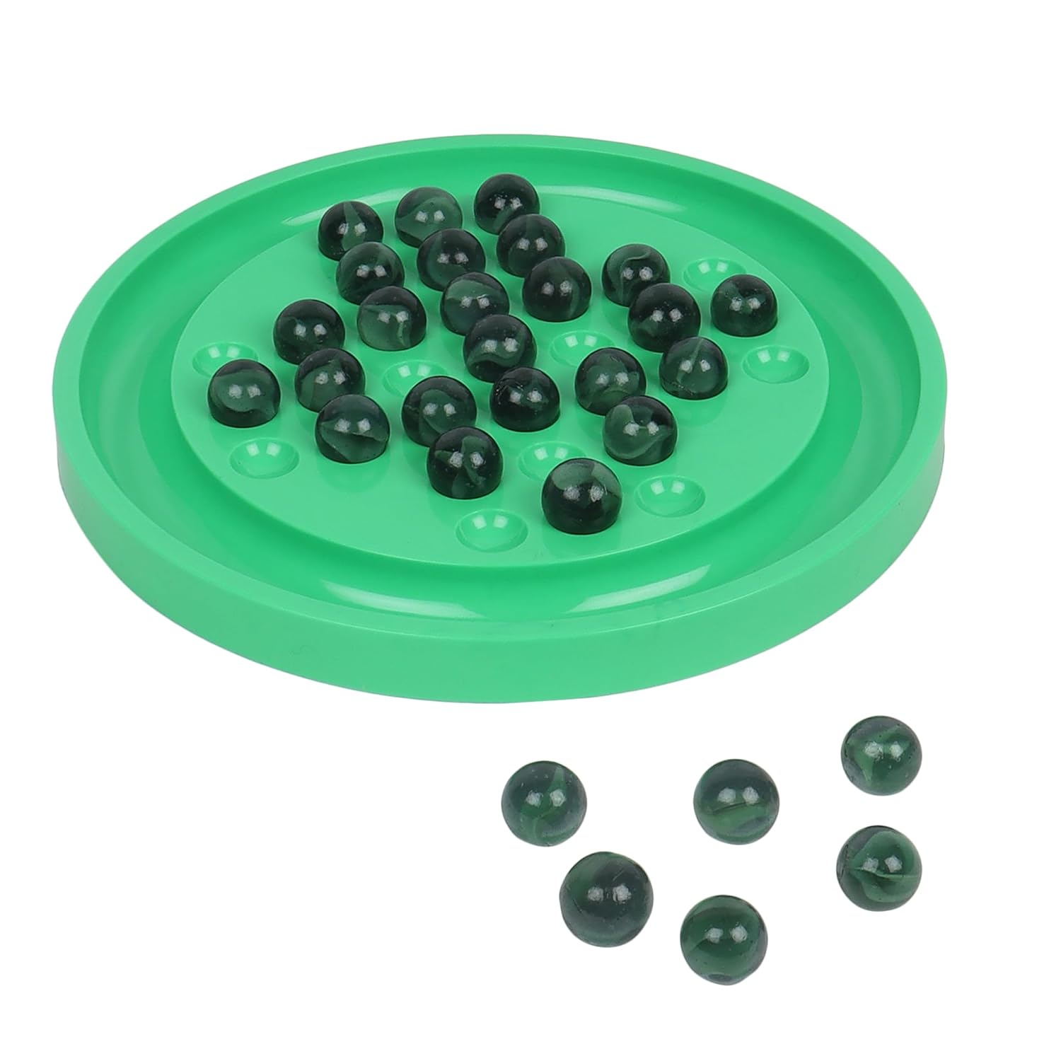 Green plate with black beads on a white background