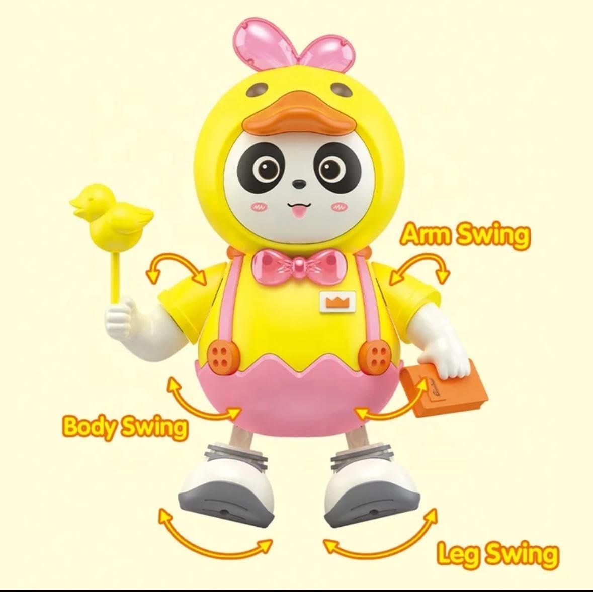 Toy figure of a character in a yellow dress with arm, body, and leg swings labeled on a beige background.