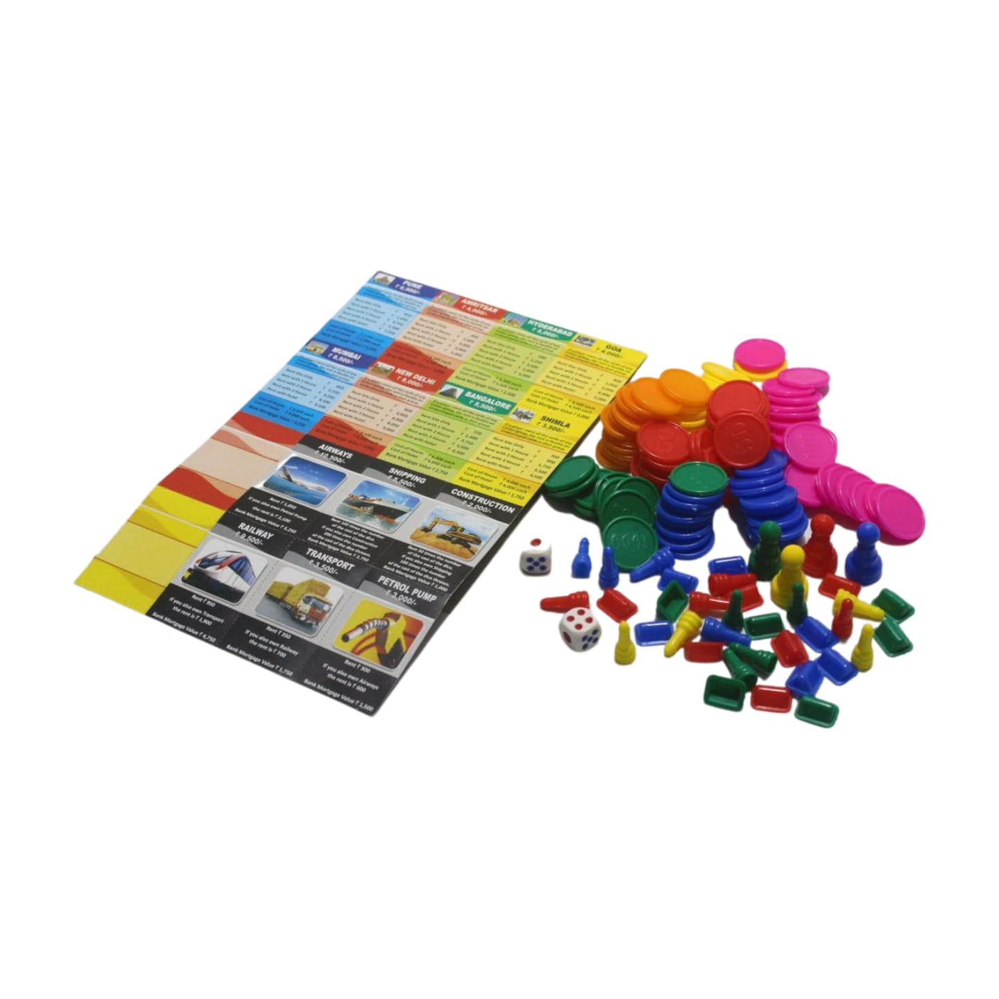Colorful game pieces and instructions on a white background