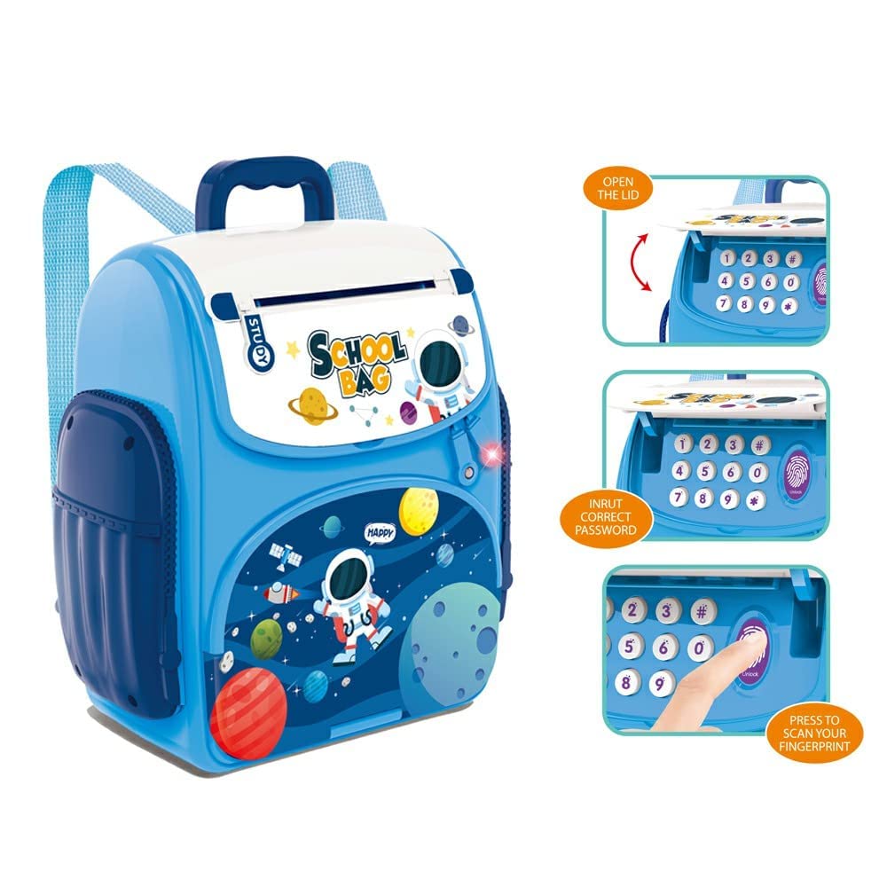 Blue toy school bag with digital keypad and astronaut design on a white background
