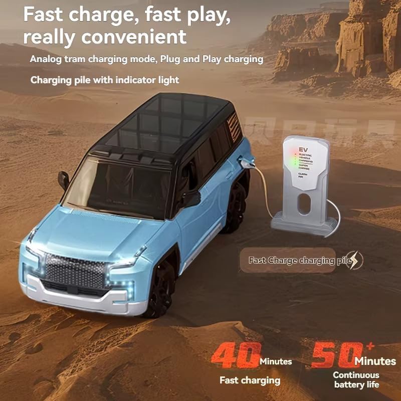 Electric vehicle charging at a charging pile in a desert setting with text about fast charging and convenience.