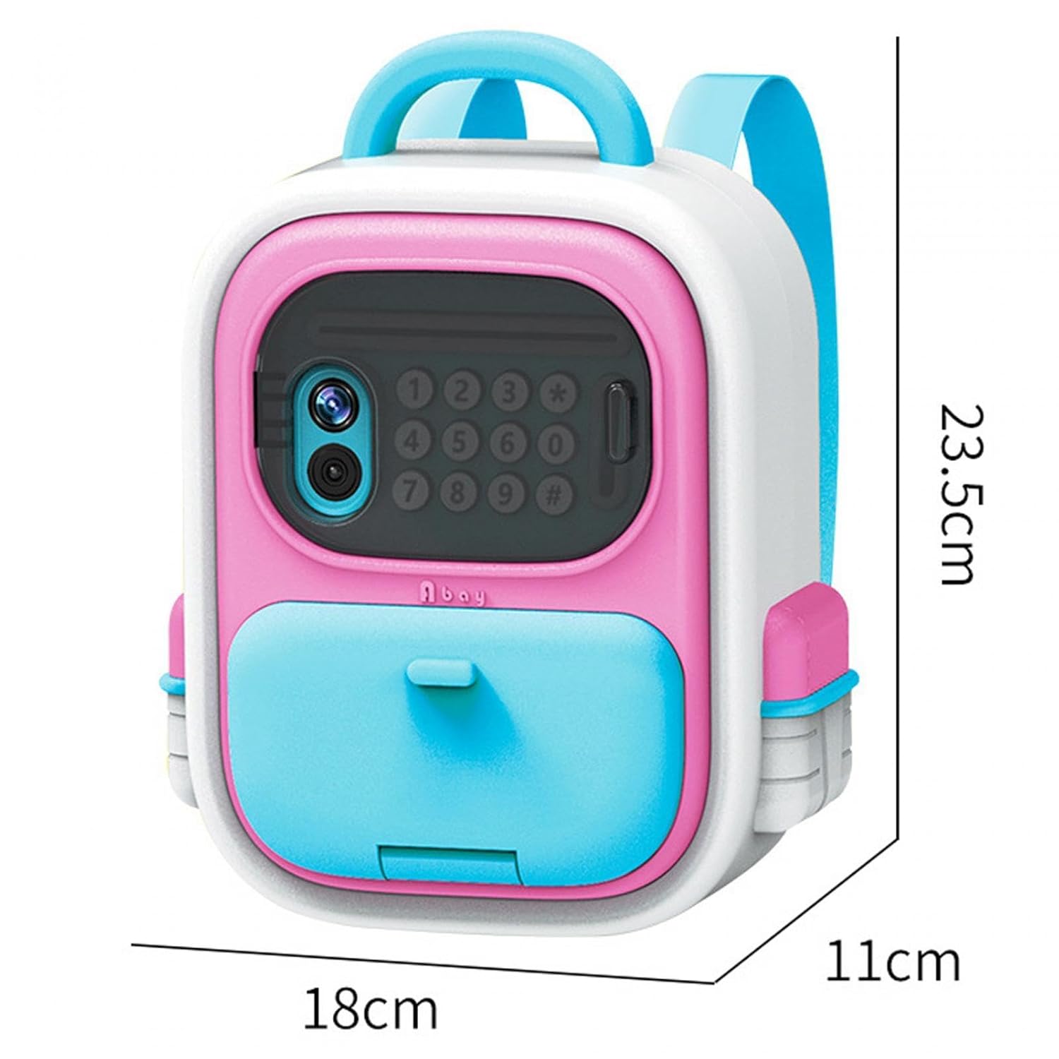 Children's backpack with pink and blue design and measurement details on a white background