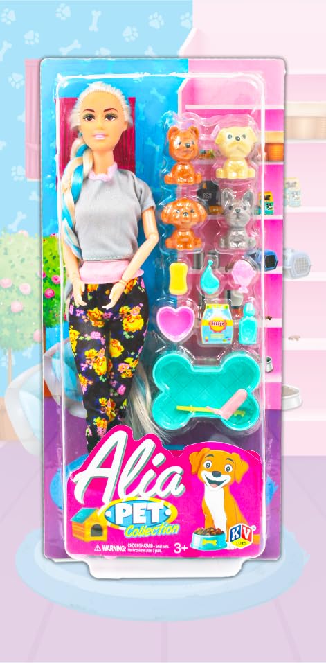 Toy packaging with a doll and pet accessories, featuring the brand 'Alia'.