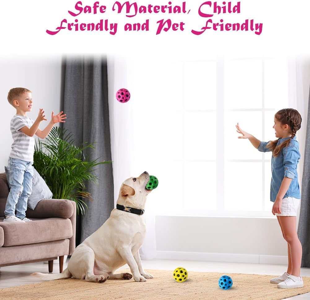 Children playing with a dog and colorful balls in a living room.