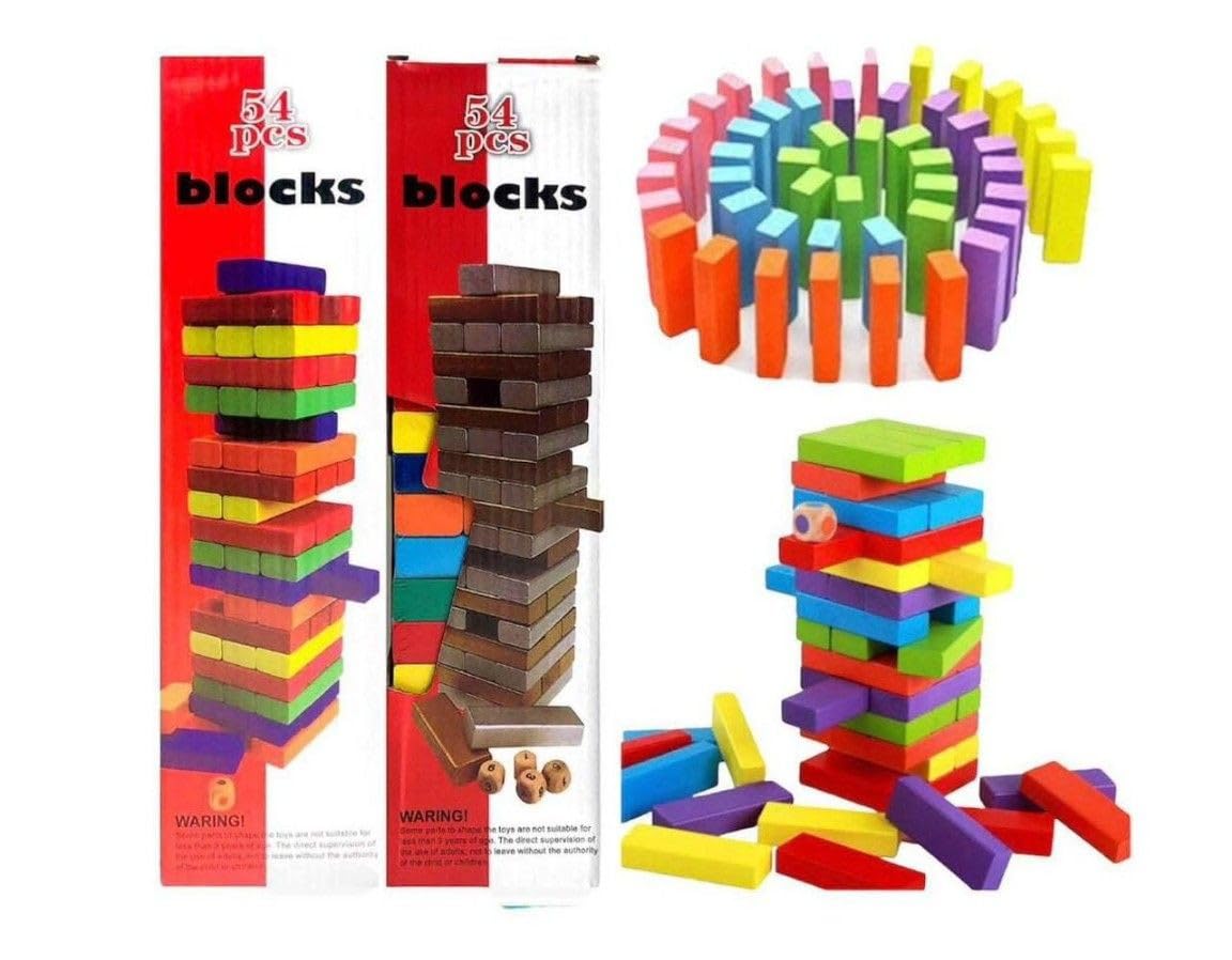 Colorful wooden blocks with packaging and assembled tower on a white background