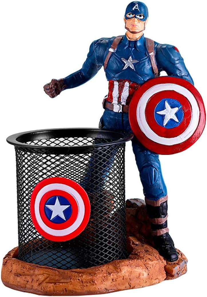Captain America figurine with shield holding a pencil holder on a white background