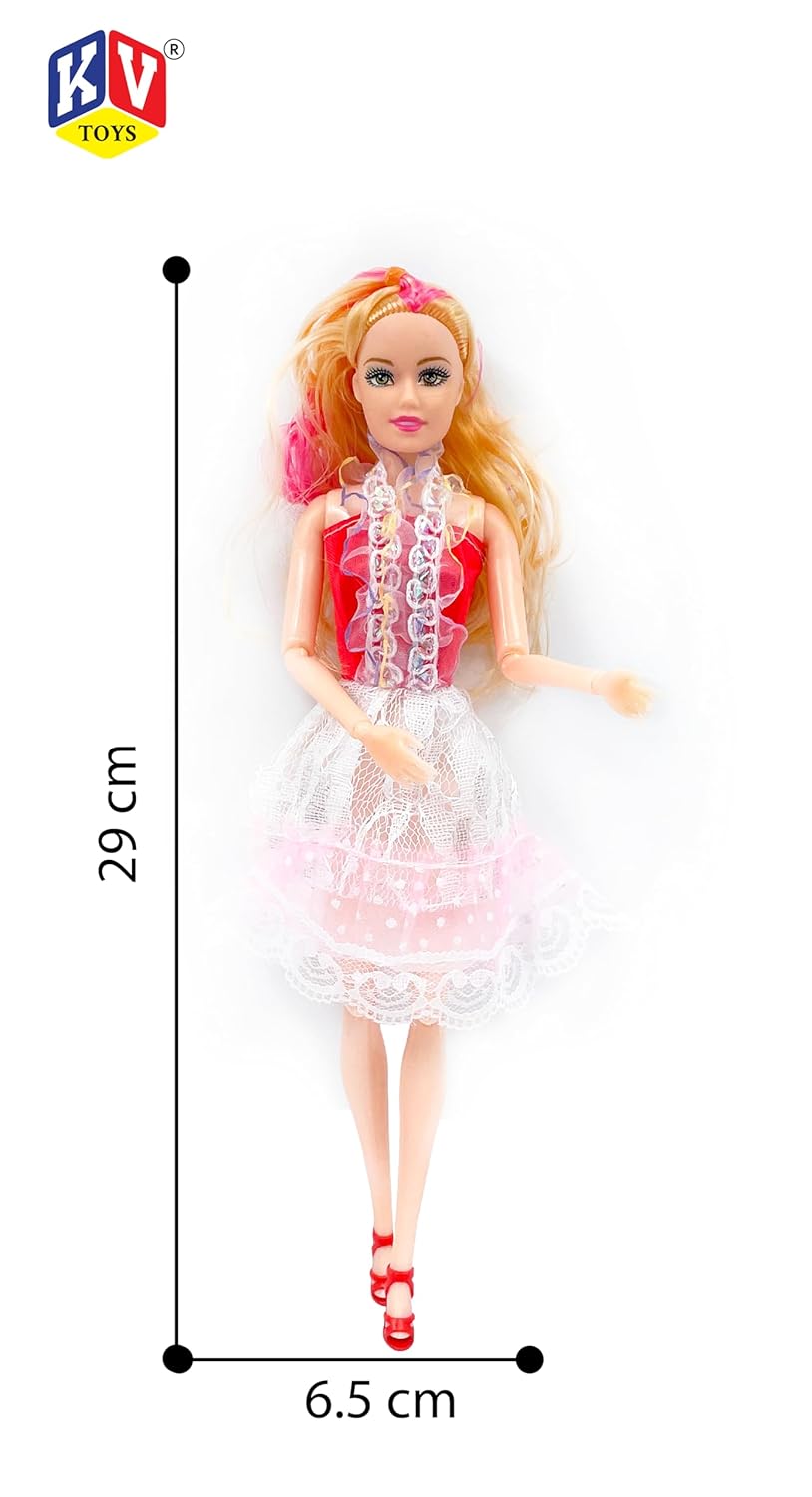 Toy doll with measurements on a white background, featuring KV Toys logo.