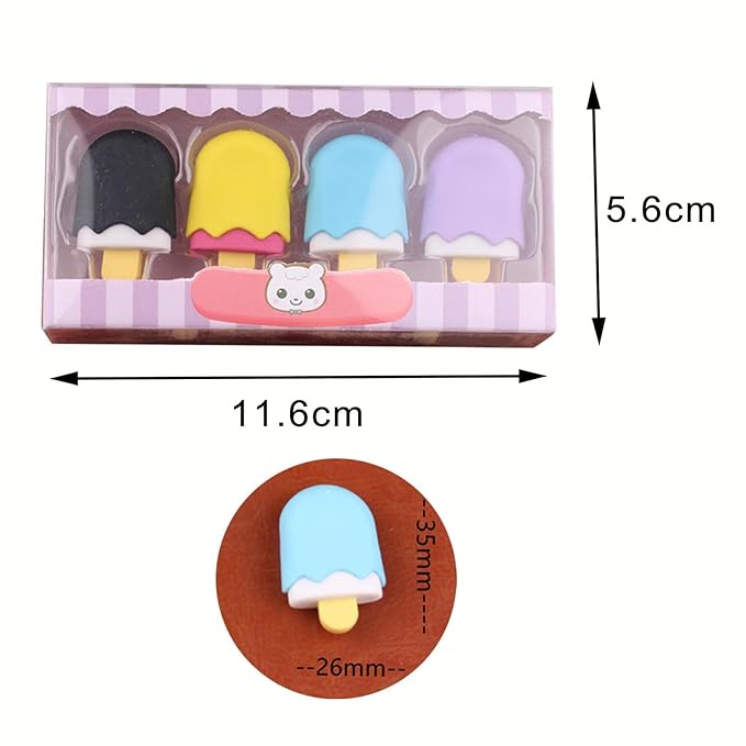 Set of colorful ice cream-shaped erasers in packaging with dimensions displayed.
