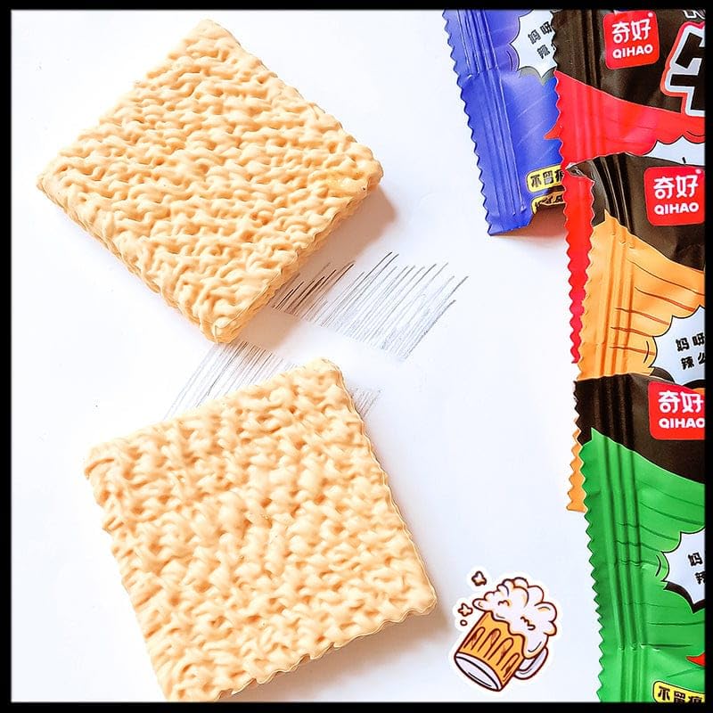 Two square crackers and three colorful packages of Qihao brand on a white background.