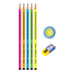 Set of colorful pencils with a sharpener on a white background