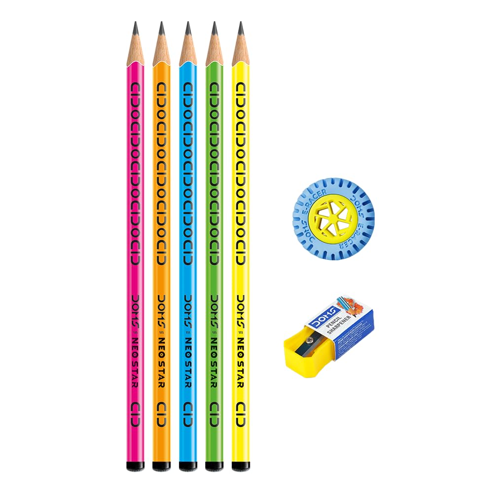 Set of colorful pencils with a sharpener on a white background