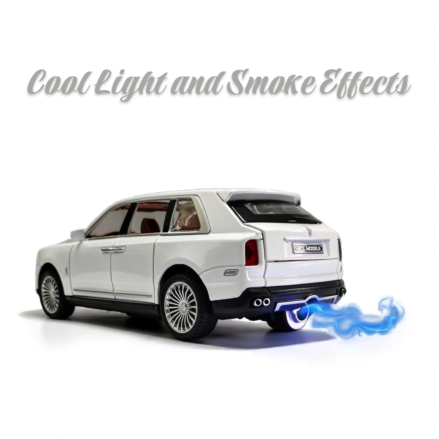 White luxury car with blue light and smoke effect on a white background