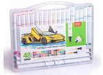Set of 48 soft-head water-based markers in a clear case with a car illustration on the packaging.