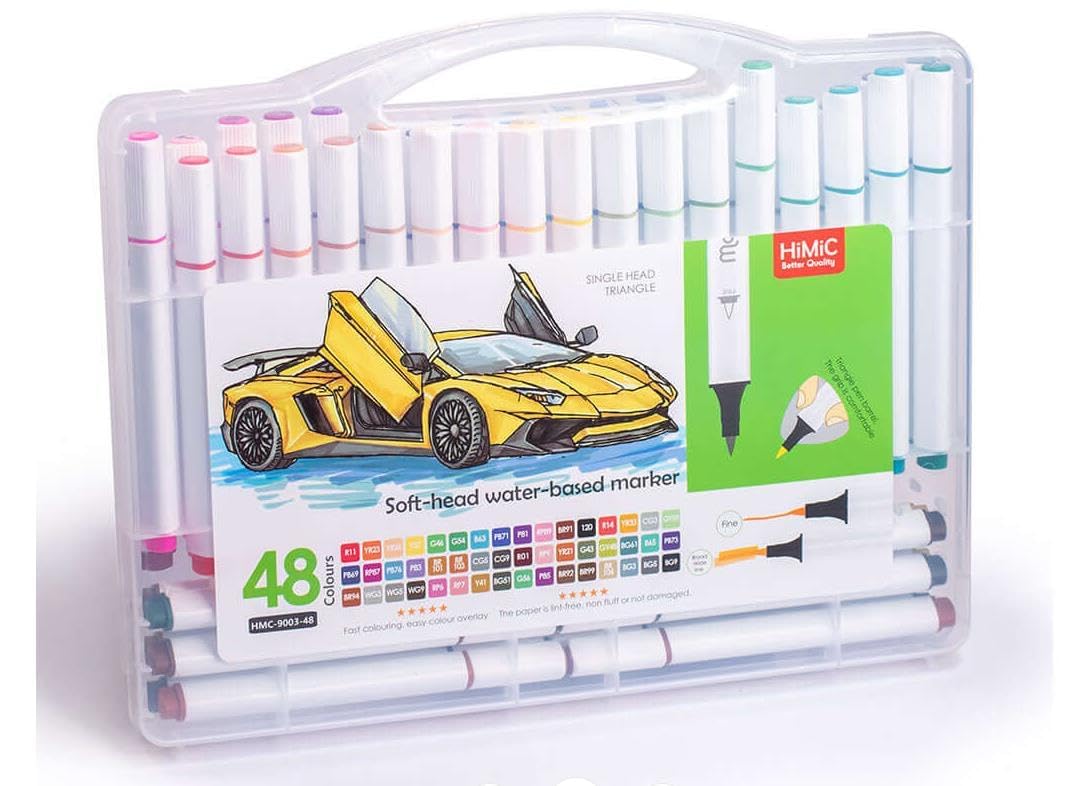 Set of 48 soft-head water-based markers in a clear case with a car illustration on the packaging.