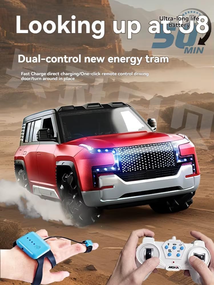 Red toy truck with remote control on a desert background