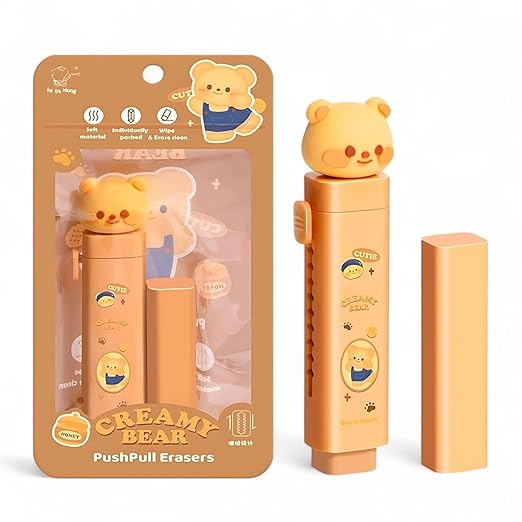 Push-pull erasers with bear design and packaging on a white background