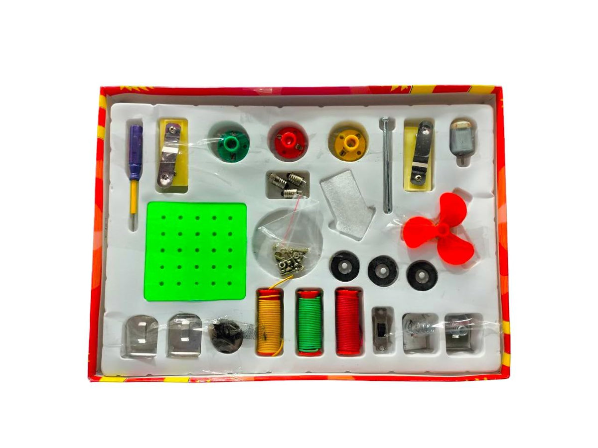 Assorted electronic components in a clear plastic case with a colorful border on a white background