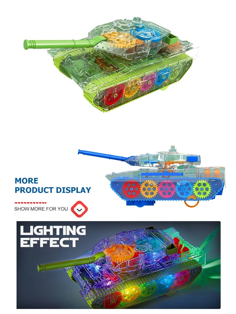 Toy tank model with colorful gears and transparent parts, shown with and without lighting effect on a white background.