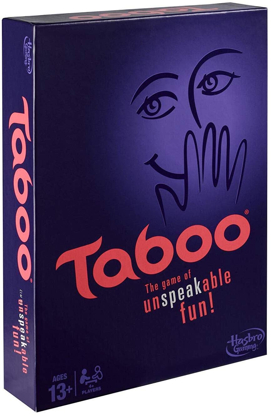 Taboo game box with face design and text on a purple background