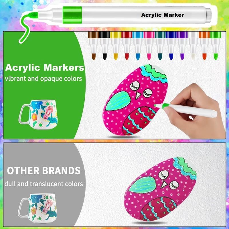 Acrylic marker with colorful design on a stone, comparing vibrant colors to other brands.
