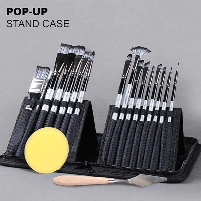 Set of paintbrushes in a pop-up stand case with a yellow disc and spatula on a gray background.
