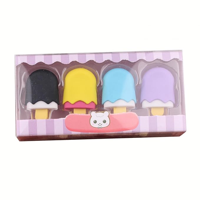 Set of colorful rubber erasers shaped like ice cream pops in a box with a cartoon bear face.
