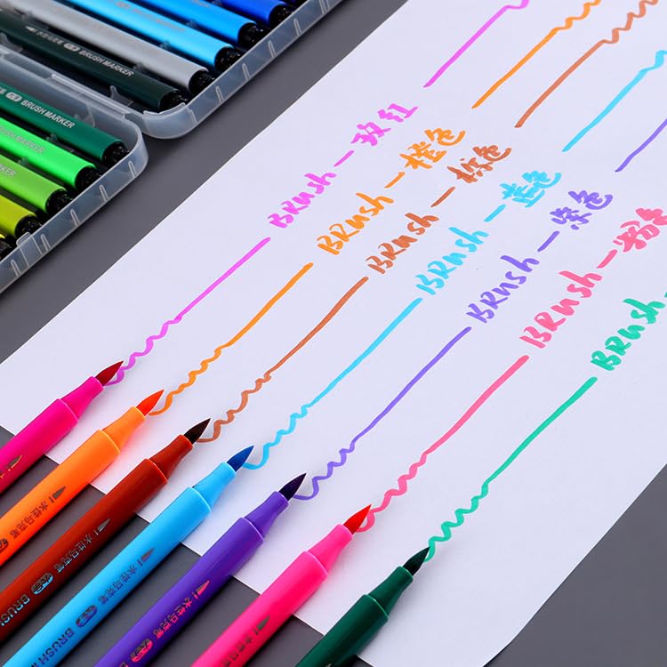 Colorful markers on a piece of paper with sample writings.