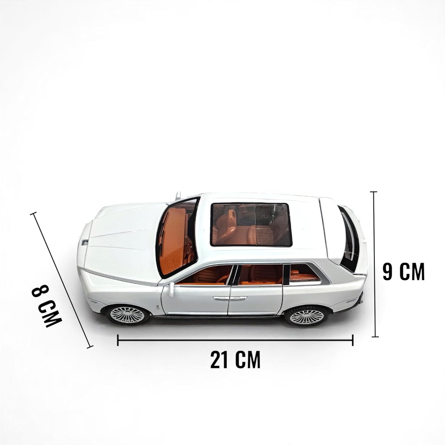 Model car with dimensions indicated on a white background