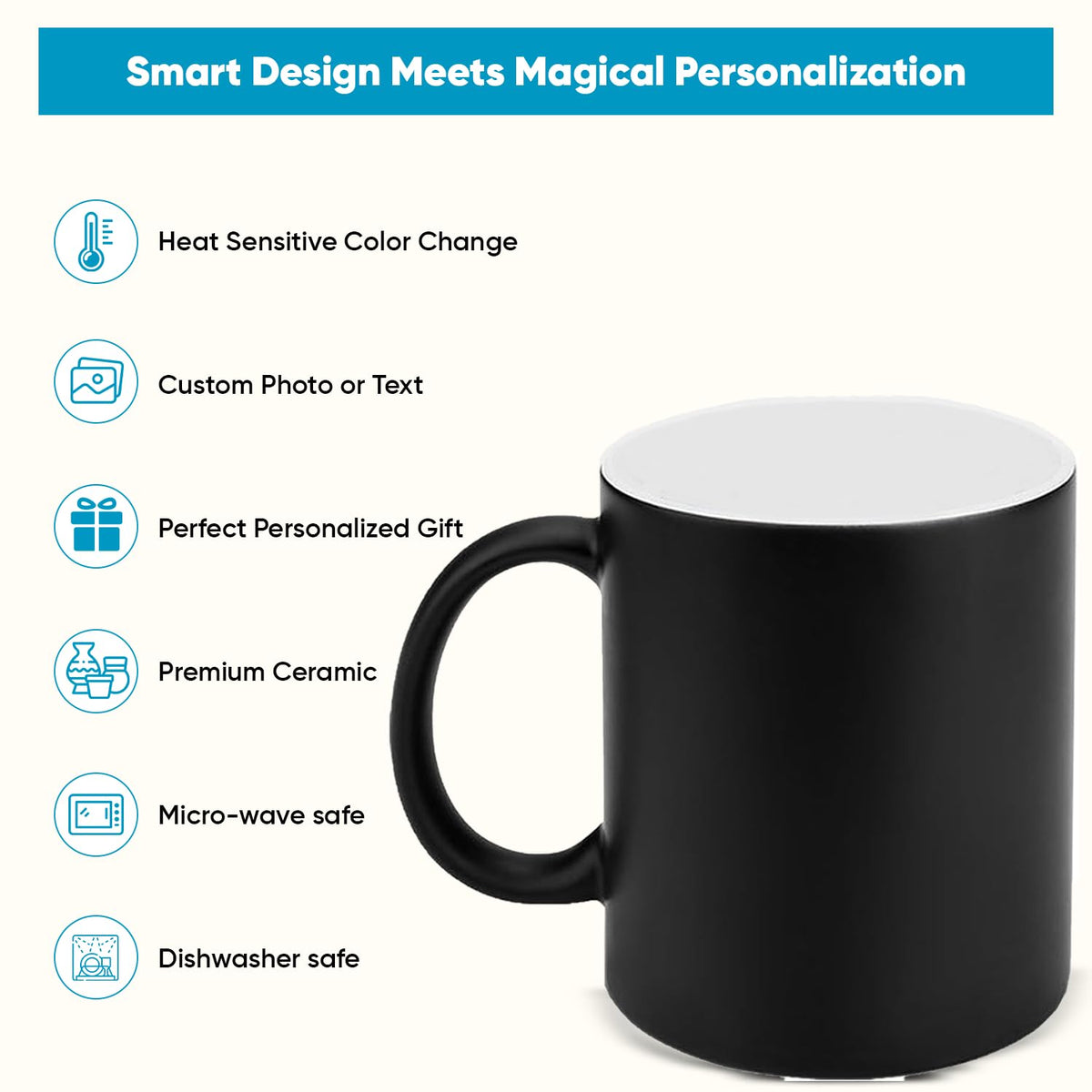 Black mug with white interior, featuring heat-sensitive color change properties, on a white background with text and icons.