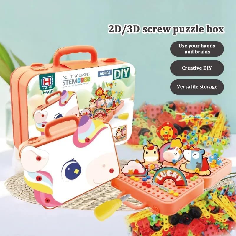 Colorful 2D/3D screw puzzle box with educational toys on a light blue background