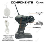 Camin remote control device with labeled components on a white background