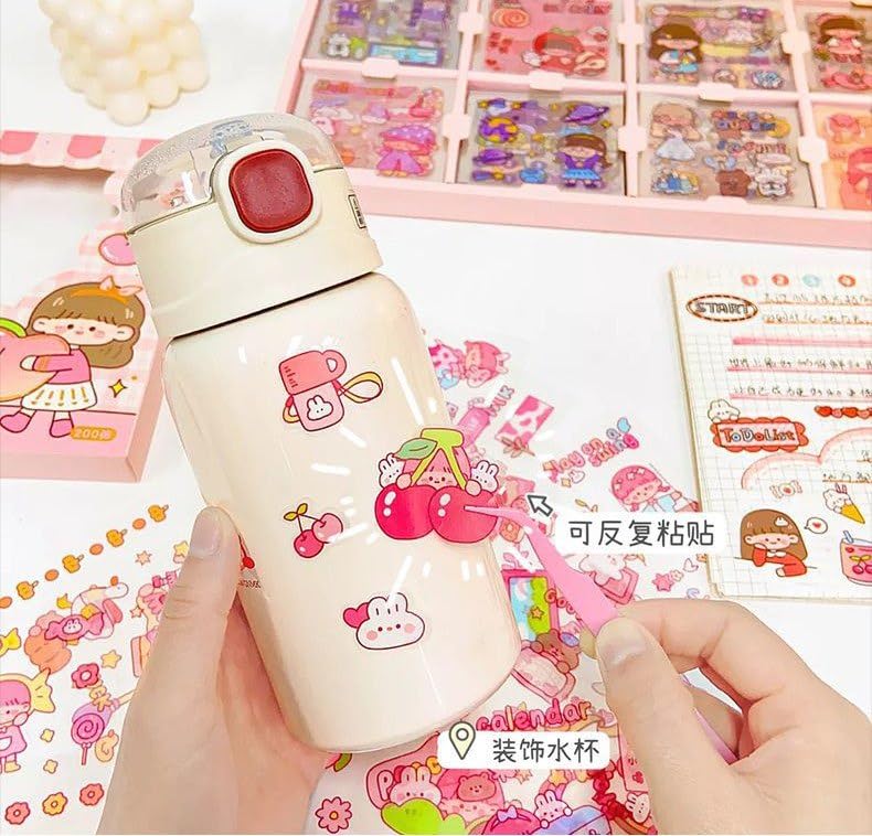 Decorative water bottle with cartoon designs held by a hand on a colorful background